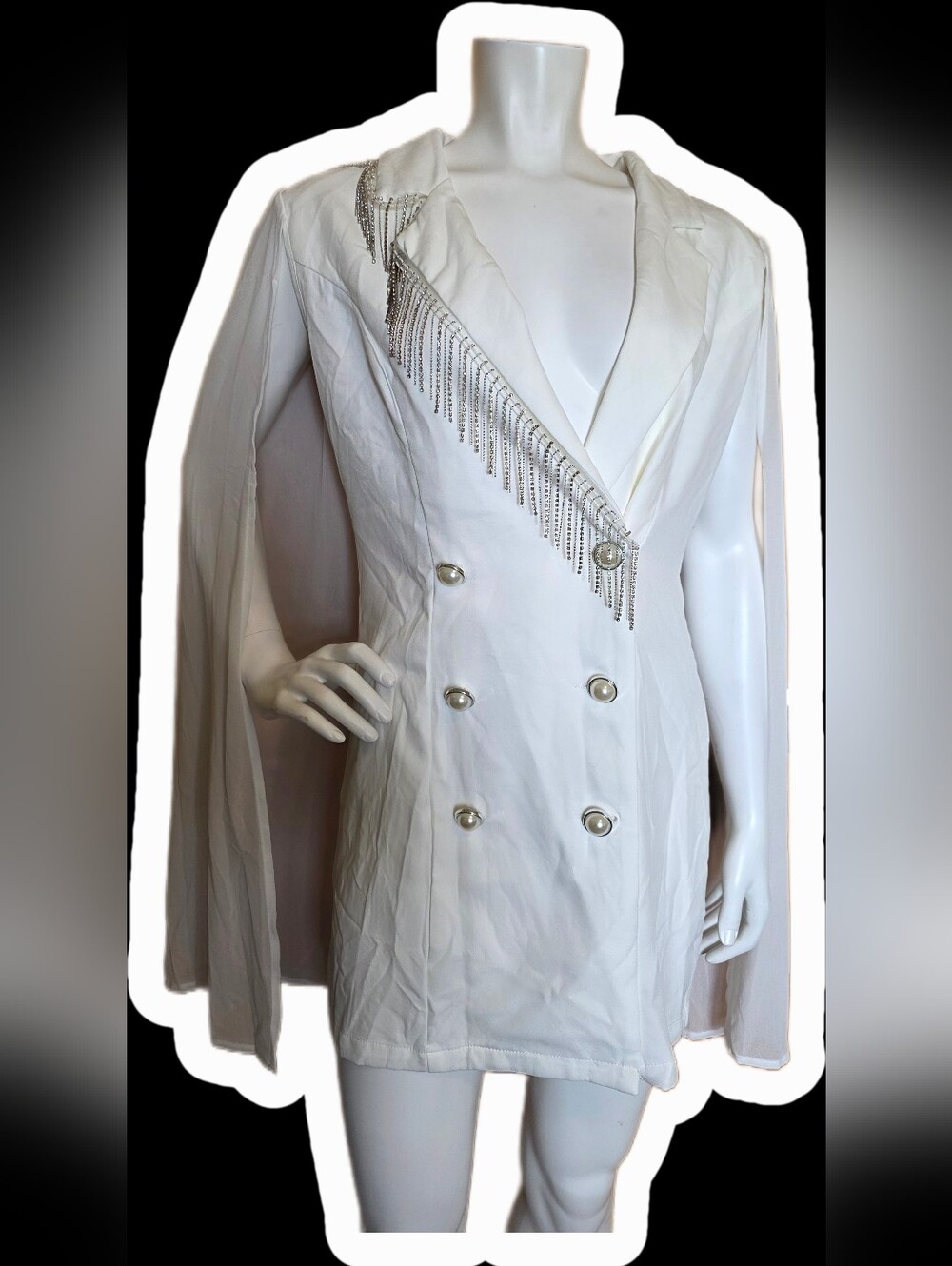 White Double-Breasted Cape Blazer with Chain Fringe